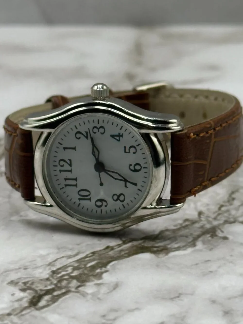 3/$30 Calvin Hill Watch Women Silver Tone White Dial 26MM Brown Band  8